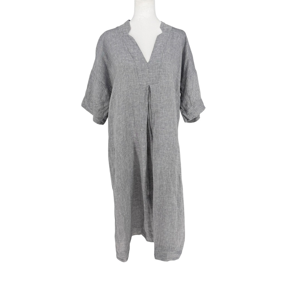Kal Rieman Grey 100% Linen V-Neck Relaxed Midi Shift Dress with Pockets Size M